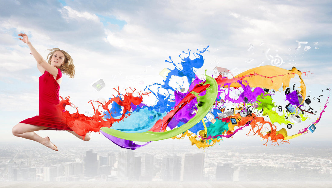 girl in red dress, dancing with paint of many colors