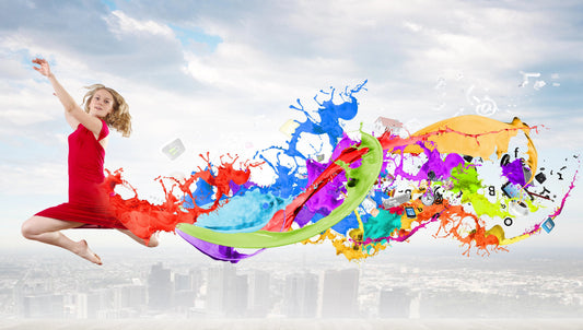 girl in red dress, dancing with paint of many colors